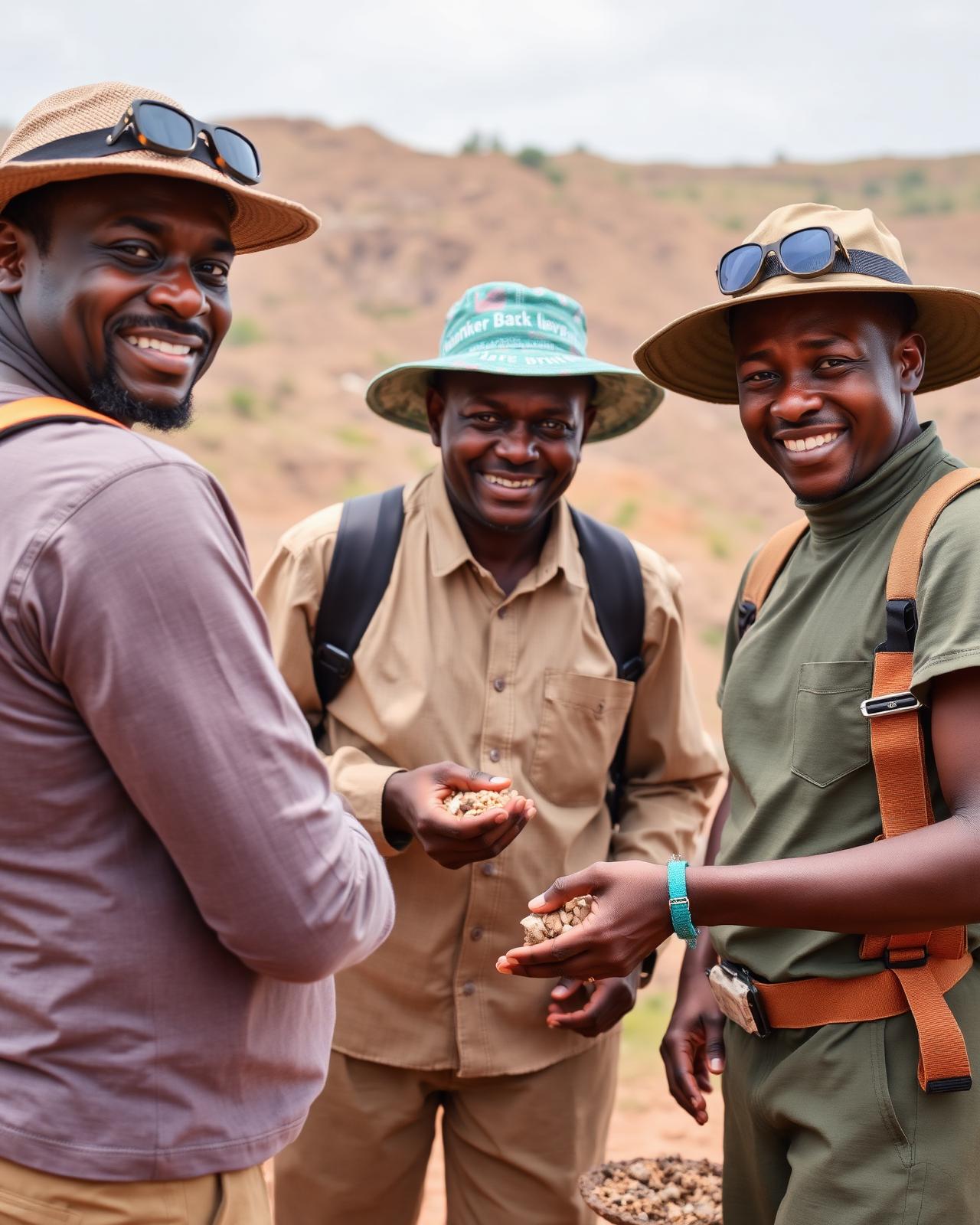 Nigerian geologists examining rock samples on a granite outcrop